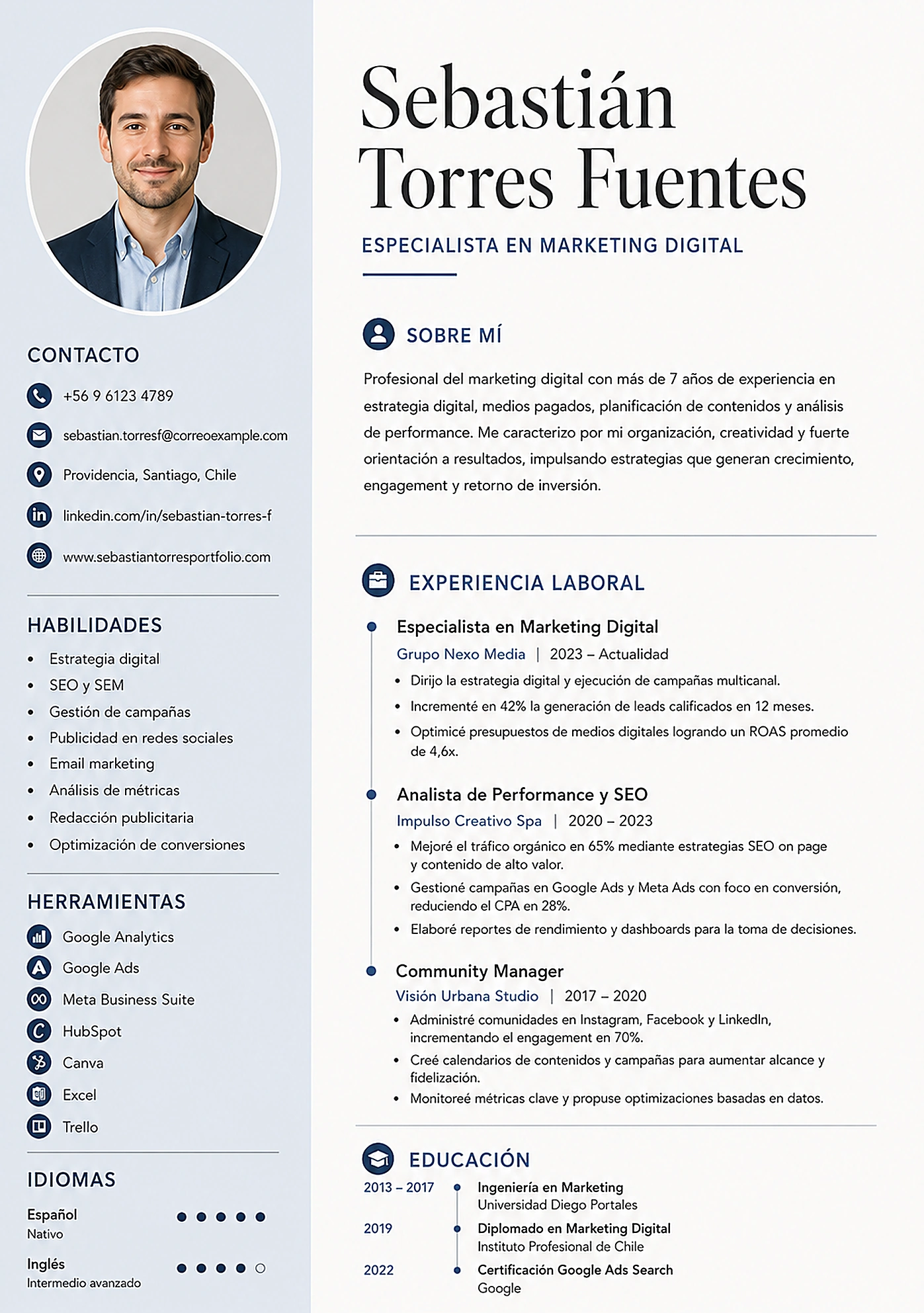 Ejemplo de currículum profesional de Sebastián Torres Fuentes